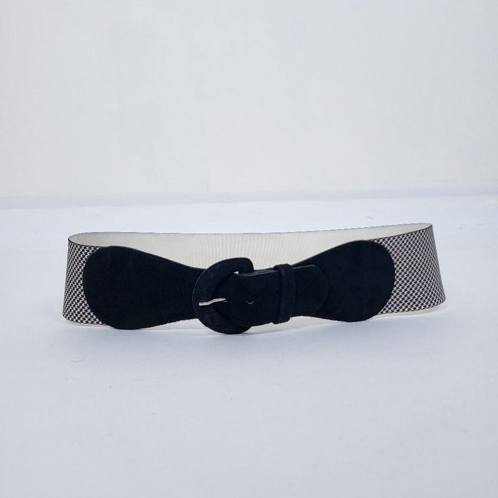 90s Houndstooth Belt Wide Buckle Thick Suede Black White - Picture 2 of 12